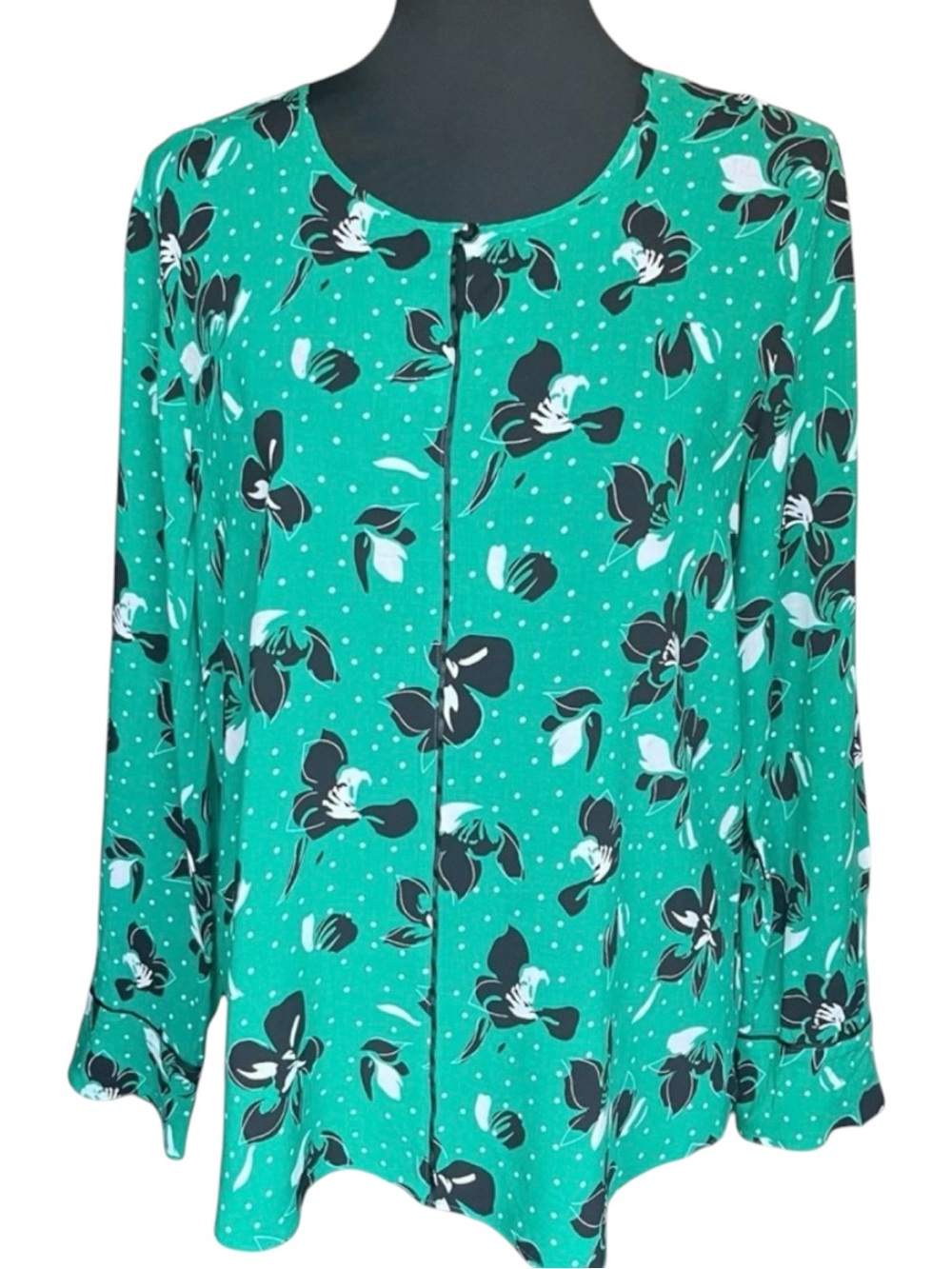 Gerry Weber Green/White/Black Floral Print Long Sleeve Blouse Top (US L/EU 44)